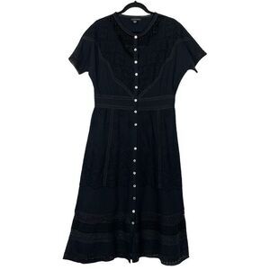 Saks Fifth Avenue Black Cotton Poplin A-Line Midi Eyelet Dress - Women’s 6